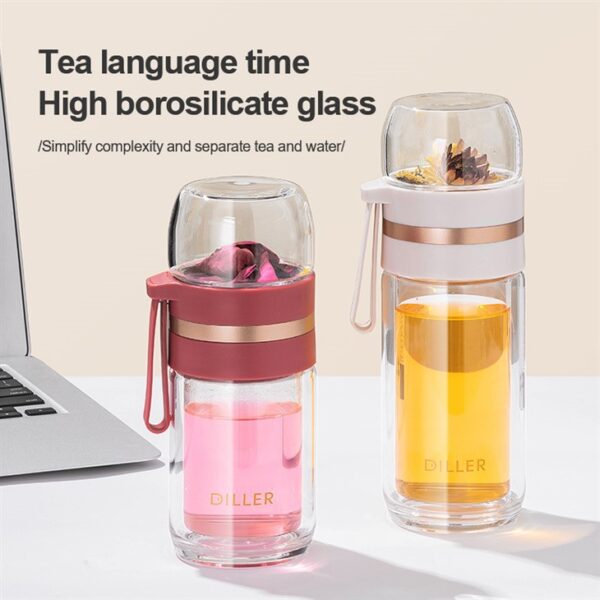 ⁦Double Glass Water Bottle With Tea Infuser⁩ - الصورة ⁦5⁩