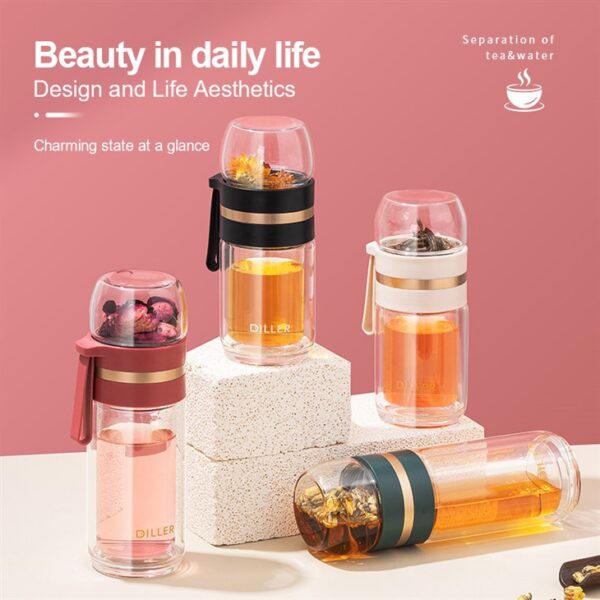 ⁦Double Glass Water Bottle With Tea Infuser⁩ - الصورة ⁦7⁩