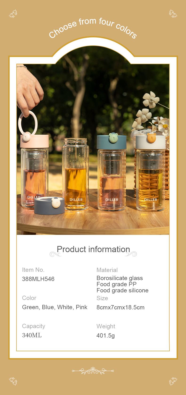 388MLH546 double wall glass tea infuser bottle detail 11