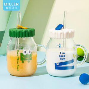 860ml Borosilicate Glass Water Bottle with Dual Straw Holes