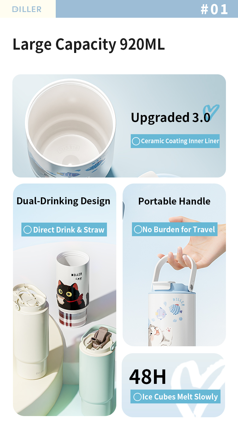 920ml 316 Stainless Steel Ceramic Coating Water Bottle D9384-920