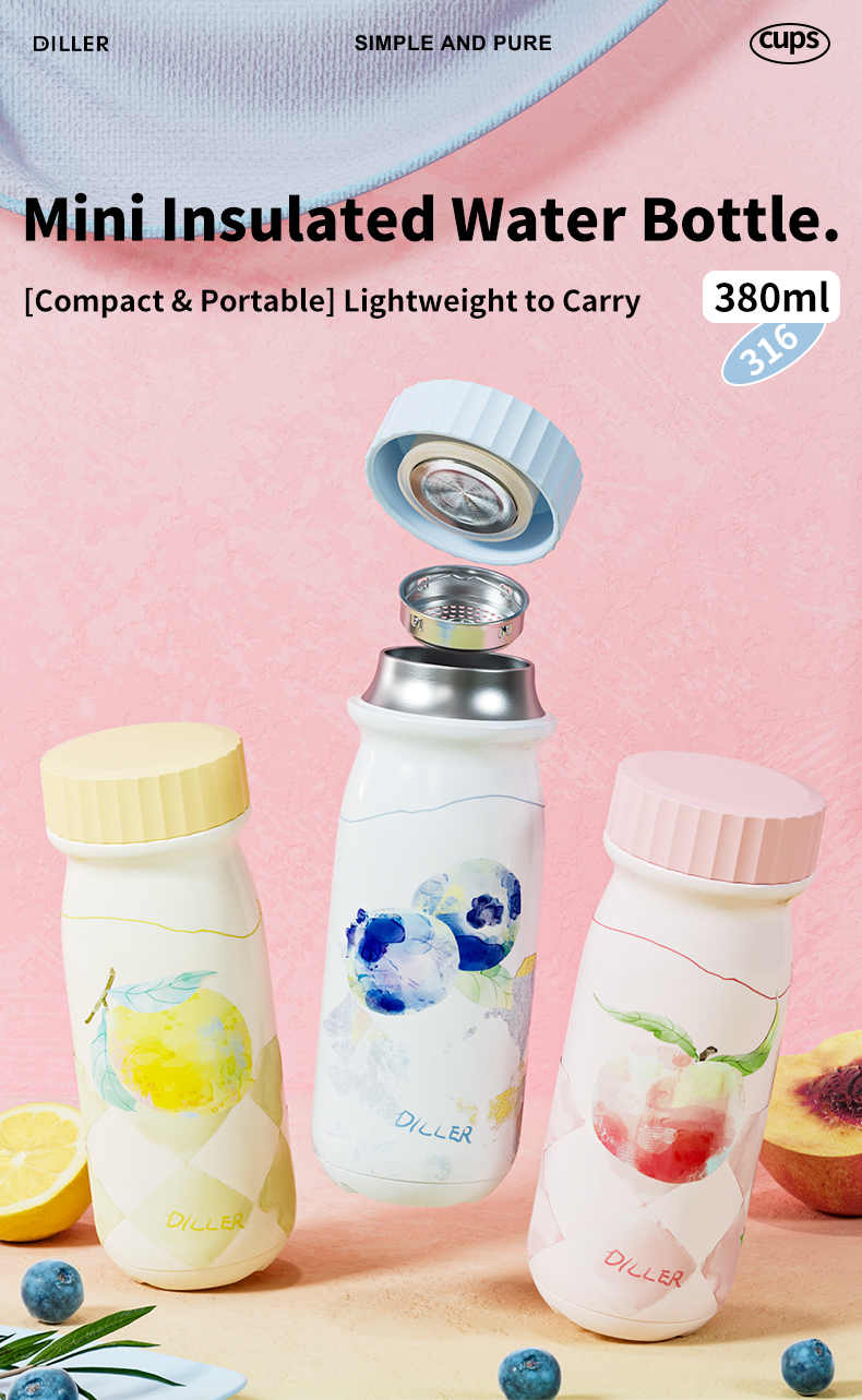 D9517-380 380ml 316 Stainless Steel Water Bottle with Tea Filter Threaded Lid - Detail Chart 1