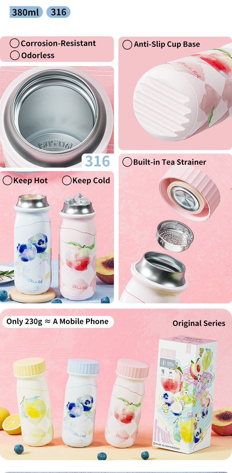 D9517-380 380ml 316 Stainless Steel Water Bottle with Tea Filter Threaded Lid - Detail Chart 2